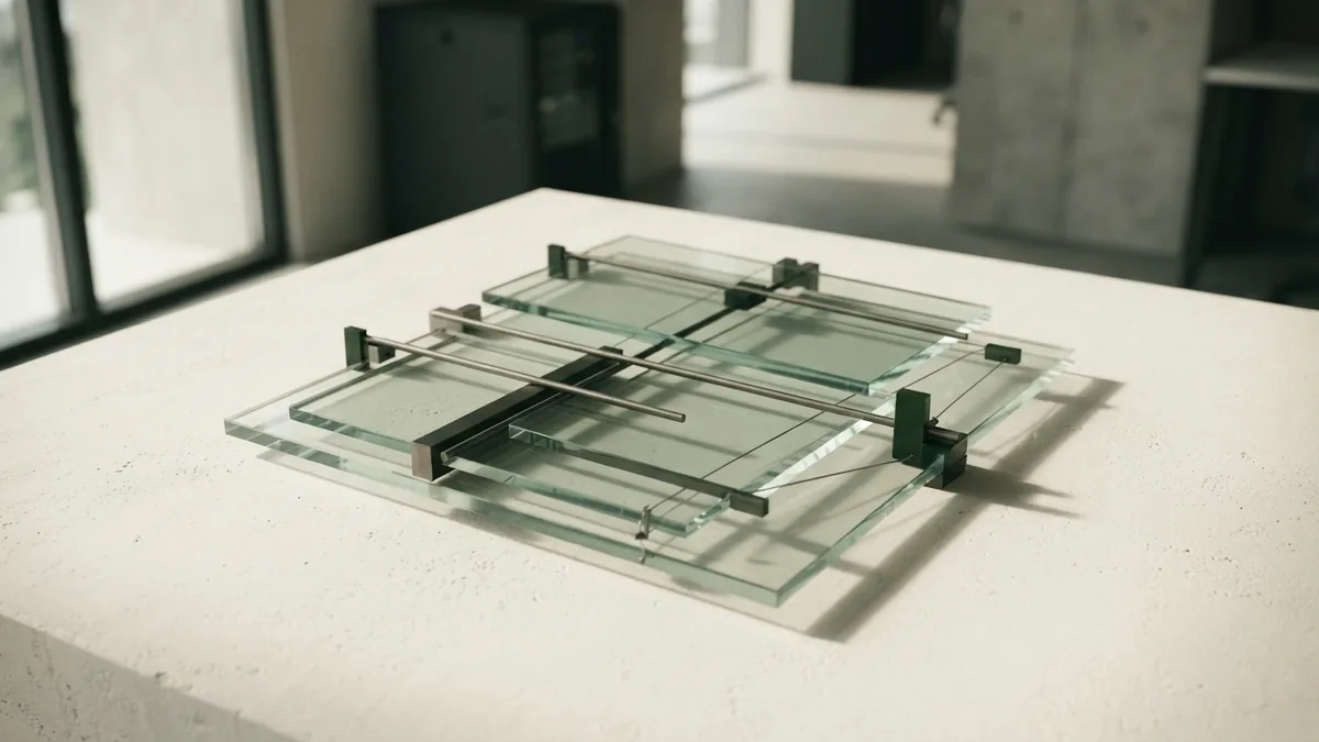 Layered glass and steel forms represent bids, asks, and changing market depth