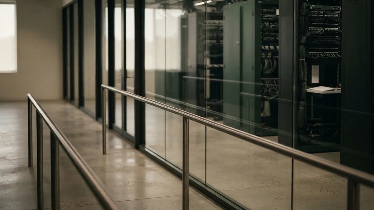 Depth across market price levels Receding steel rails and glass planes illustrate depth and liquidity across price levels