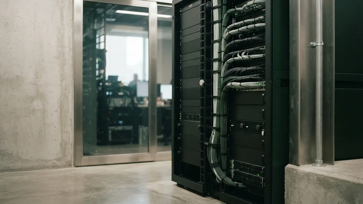 Technical capacity and control Server rack details and steel surfaces showing controlled technical capacity