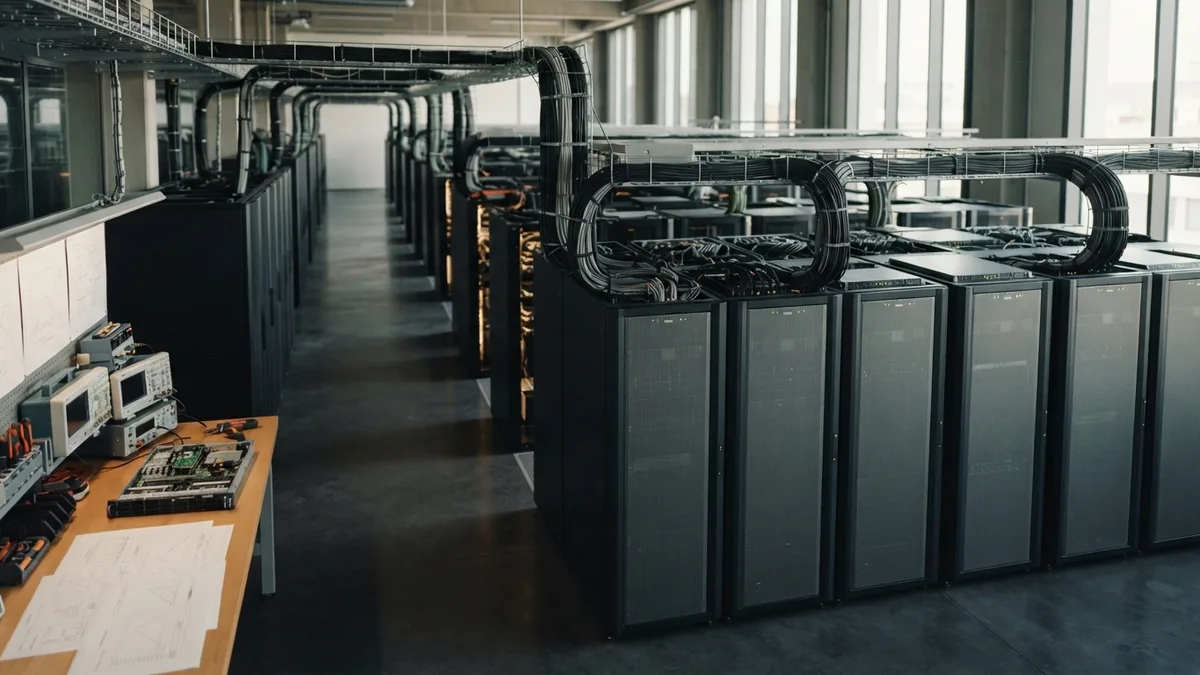 Parallel server rows in a spacious industrial interior for scalable capacity