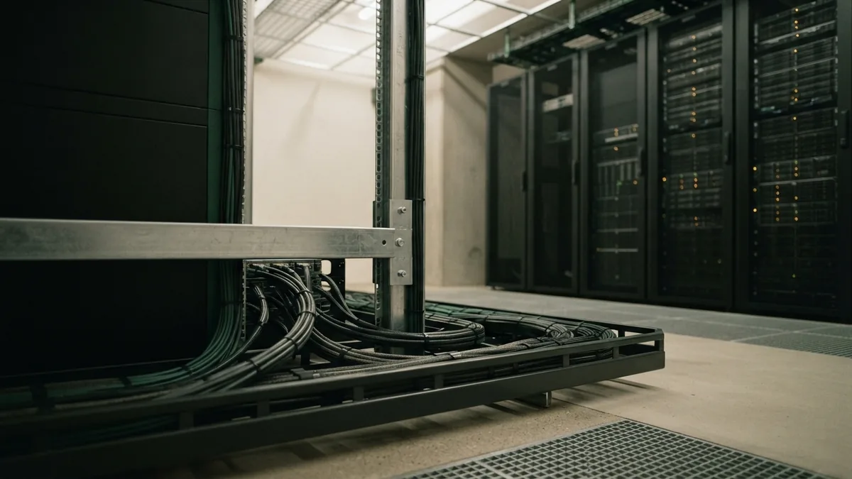 Detailed steel glass and cable textures in a precise technical setting