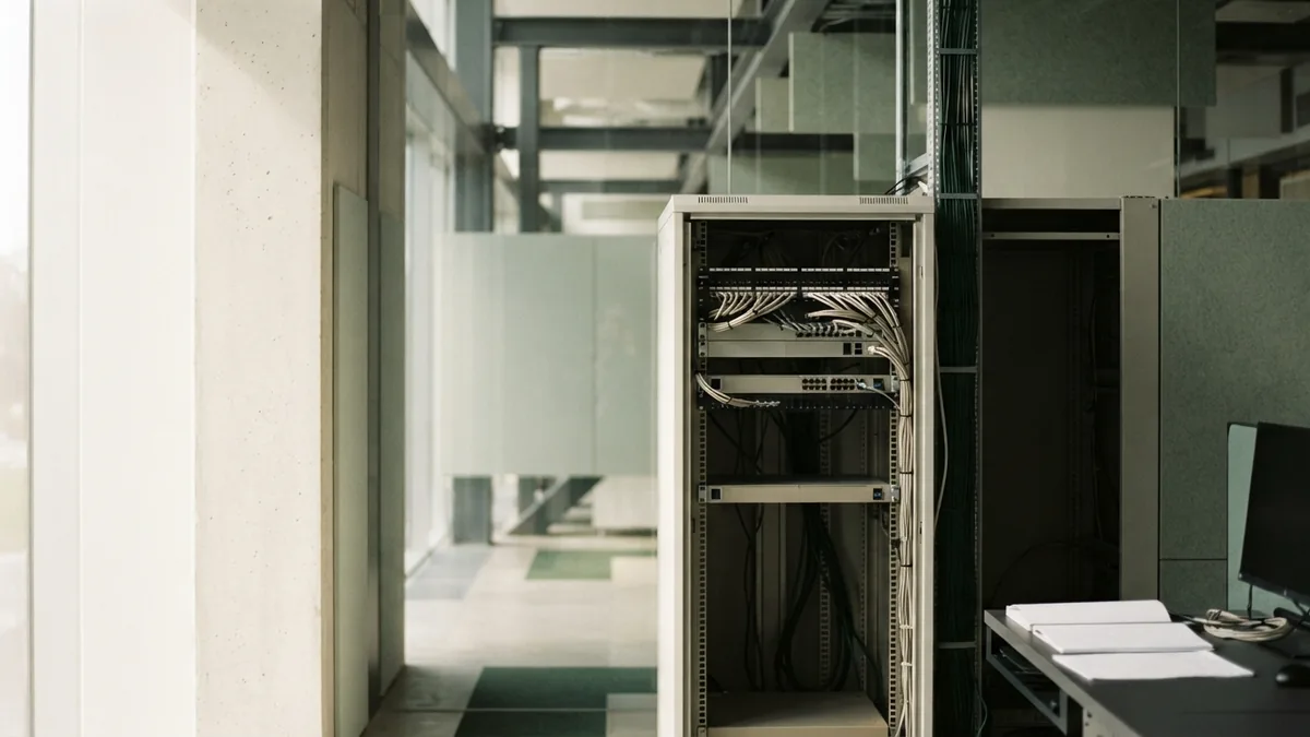 Steel, glass, and concrete details inside a modern technical workspace