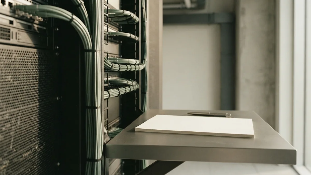 Secure payment control setting Server racks and neat cabling beside blank records in a calm finance setting