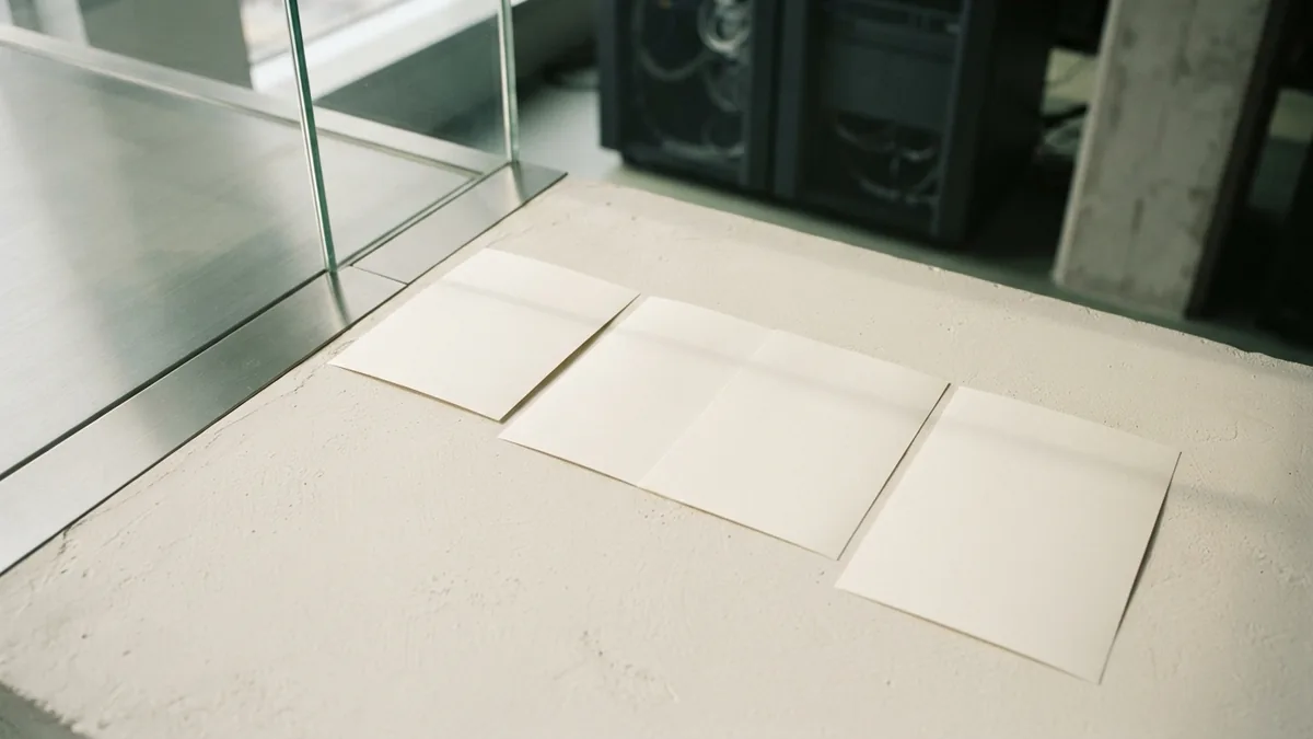 Ordered reconciliation records Blank paper sheets arranged in order on concrete beside steel and glass