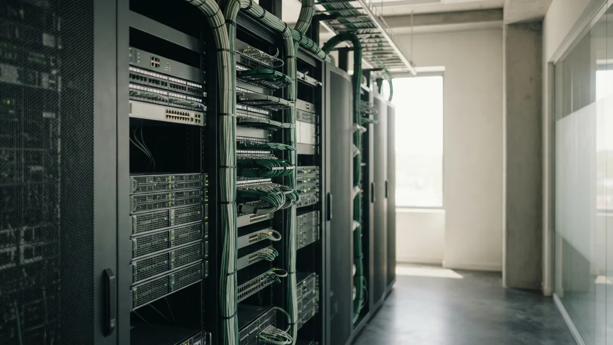 Zbliżenie na szafy serwerowe i schludne okablowanie podczas analizy technologii