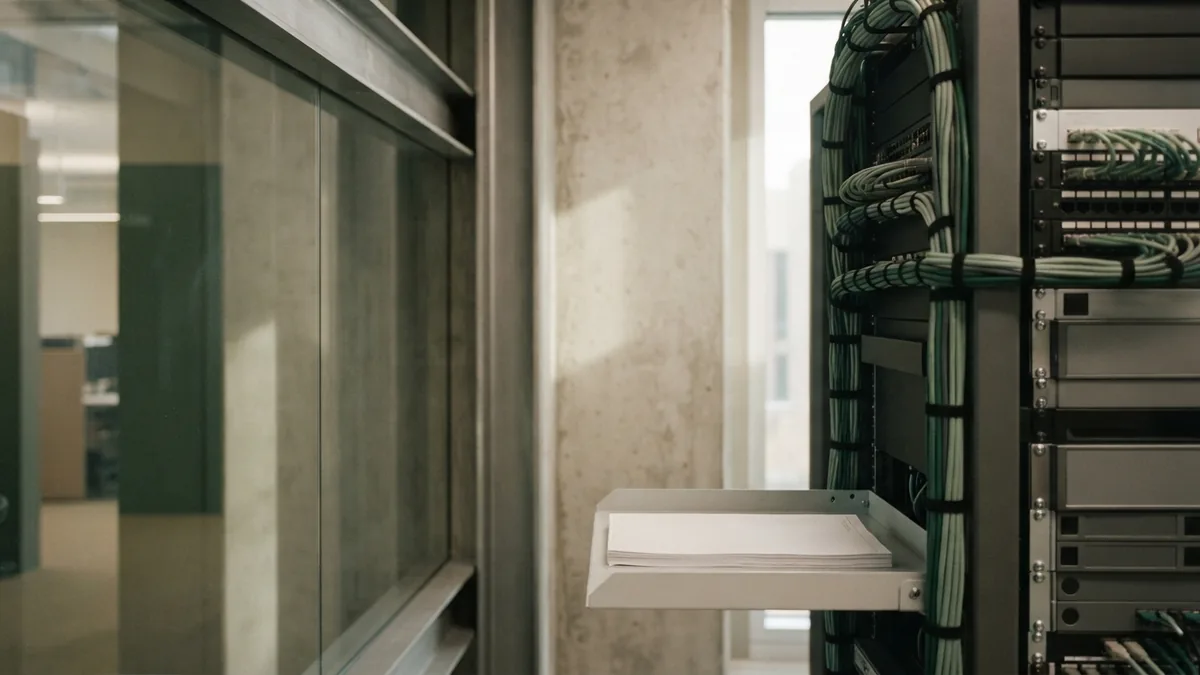 Layered materials and orderly server cabling Layered steel and glass architecture beside orderly server cabling in muted green tones
