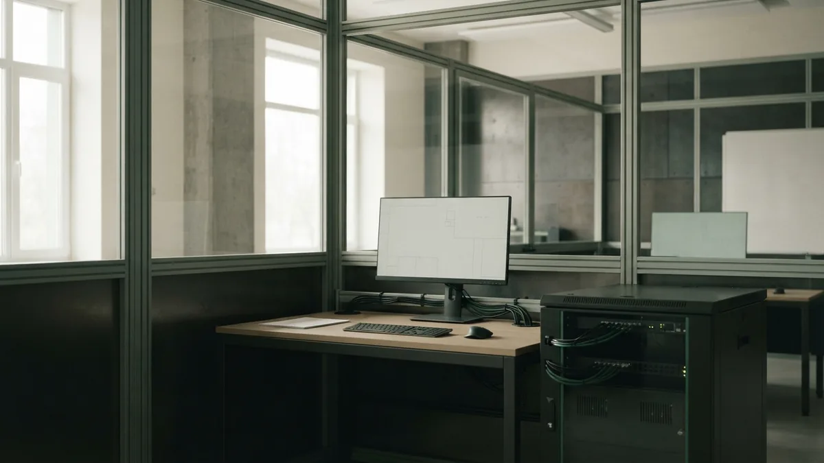 Clean industrial interior with modular steel frames and glass panels for scalable software work