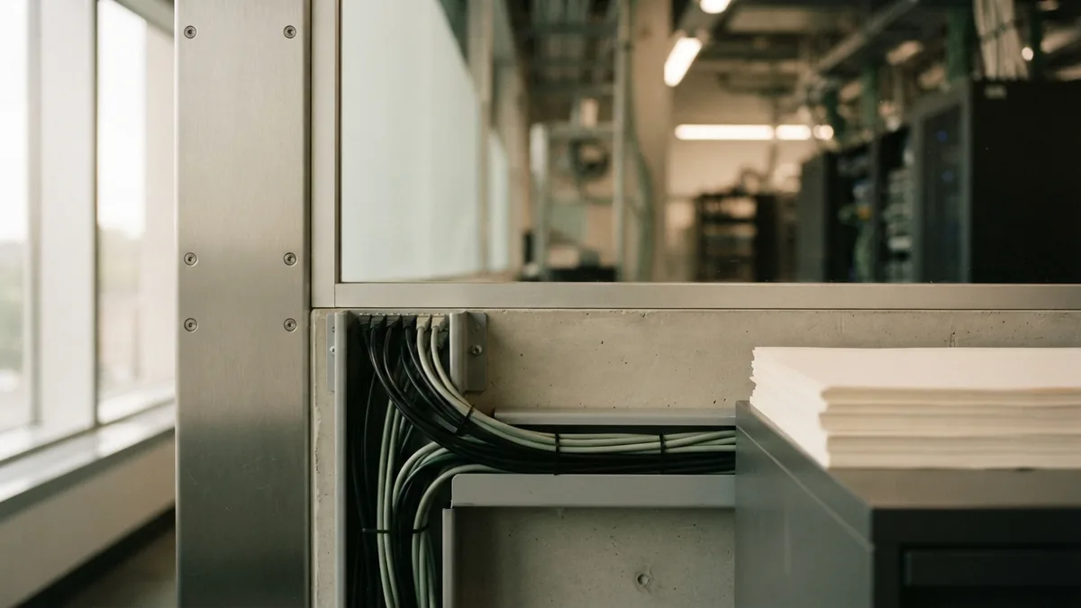 Macro view of steel, frosted glass, and secure cable channels in a fintech setting
